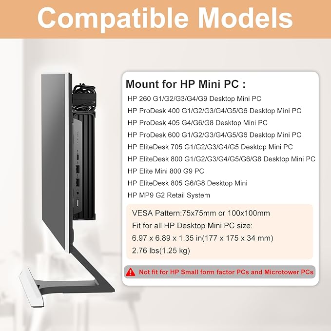 Mount for HP Mini PC Wall VESA and Under Desk Mount for HP EliteDesk 800 805 705, HP Pro Mini 400 260, HP ProDesk 600 400 405 Desktop Mini PC Wall Mount Bracket for HP