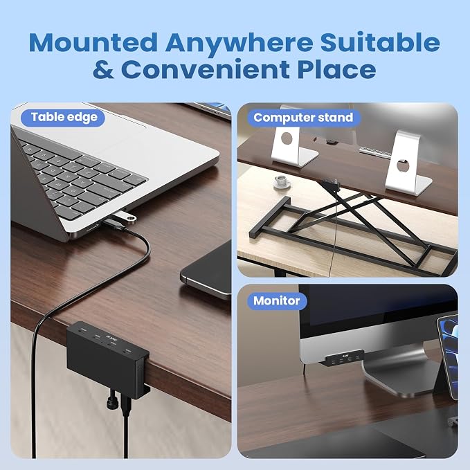 EJAY USB C Hub Clamp Mount, 4-Port 10Gbps USB 3.2 Hub Gen 2, Aluminum Clamp On USB Hub for Monitor & Desk, Dual Cable USB C Splitter Data Hub for Mac, PC, Desktop, Black