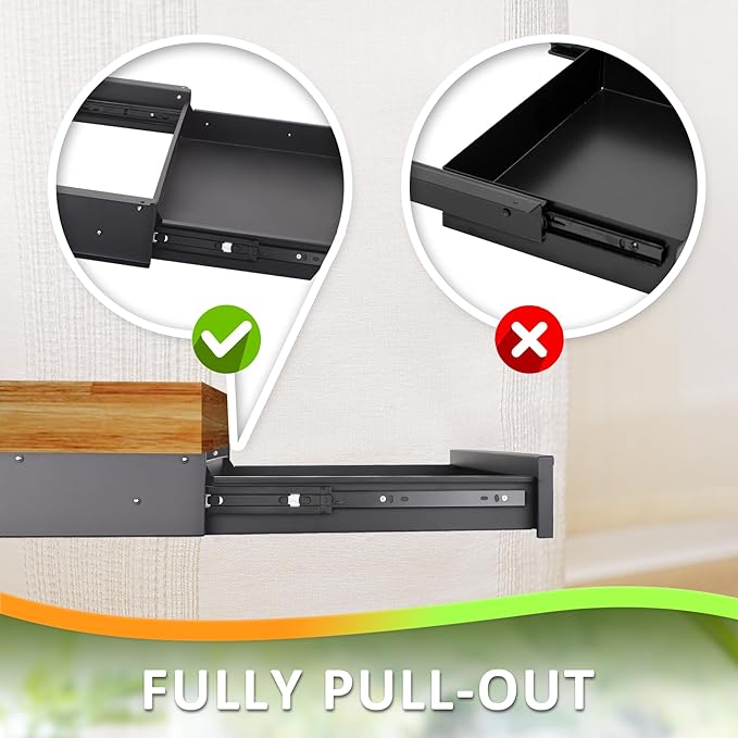 POPMOON 13.8 in Under Desk Drawer For Desk, Pull out Storage Organizer with Slide Extension Mounted Under Flat Wooden Table or Workbench, Carbon Steel Undermount Drawer,Black