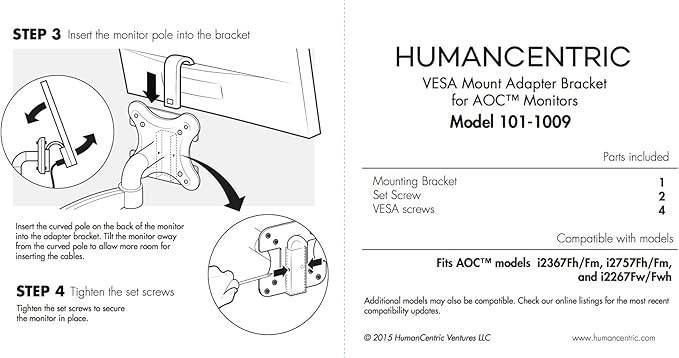 HumanCentric VESA Mount Adapter Bracket Compatible with AOC i2367Fh/Fm/F, i2757Fh/Fm, i2067f, and i2267Fw/Fwh