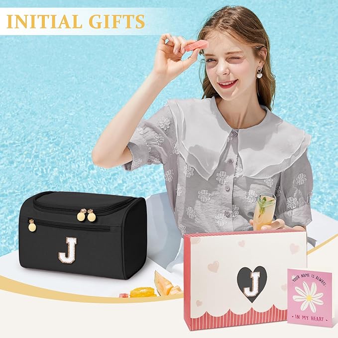 COSHAYSOO Cool Valentines First Communion Confirmation Gifts Dance Recital Trip Favor Gifts for Women Teen Girls Travel, Monogrammed Initial Hanging Toiletry Bag Toiletries Black Letter J