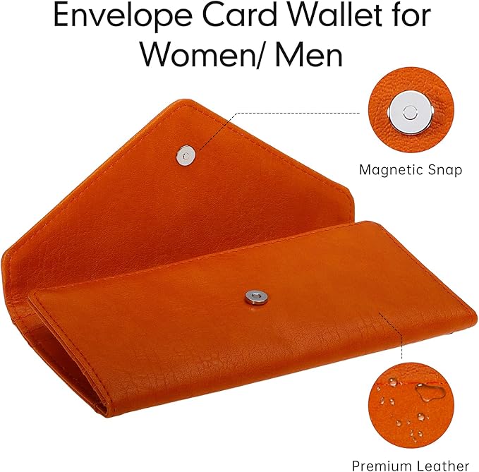 RFID Slim Wallet for Women Thin Card Holder Travel Trifold Clutch Ladies Long Billfold, 2 ID Windows, Orange