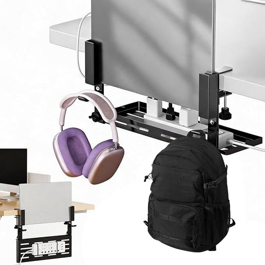 Desk Side Storage Organizer, Under Desk Laptop Mount, Clamp-On Vertical Laptop Holder, No Drill Metal Shelf with Headphone Hook & Power Strip Holder, Black