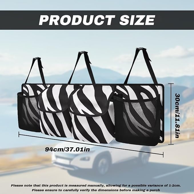 Zebra Print Car Trunk Organizer Hanging Car Backseat Storage Bag Waterproof Collapsible Cargo Bag with 4 Pouches Trunk Storage and Decorative Accessories