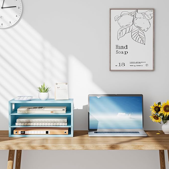 Marbrasse 3-Tier Wood Desk Organizer, Paper Letter Tray Organizer for Desk, Wooden Desktop File Organizer with Handle and Paper Sorter Mail Holder for Office School & Home Supplies Organization-Blue