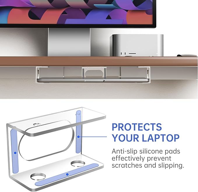 NiHome Clear Acrylic Under Desk Laptop Mount, Easy Installation Adjustable Laptop Holder, Scratch-Resistant Under-Desk Stand for MacBook, Notebook, Modem, TV Box, PS4 Slim & Keyboard