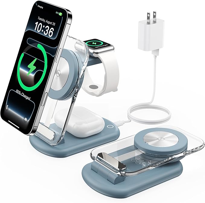 3 in 1 Magnetic Wireless Charging Station for Apple Devices, Fast Foldable Travel Mag-Safe Charger Stand with Night Light for iPhone 17 16 15 14 13 12 Series, Apple Watch/AirPods Pro, LB