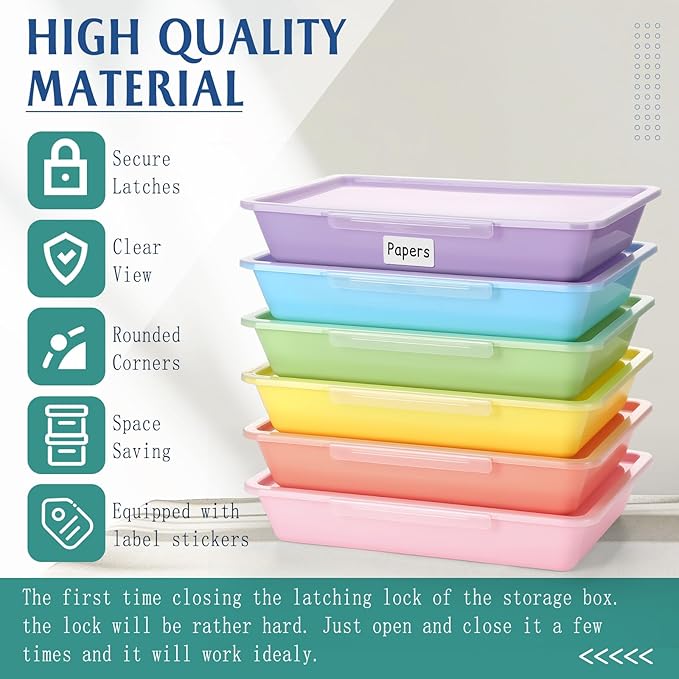 Tinlade 12 Pcs Classroom Paper Storage Bins with Clear Latching Lids Labels, Letter Size Stackable Flat Trays Container Paper Organizer for Teacher Back to School Office Arts Crafts (Macaron,13x10in)