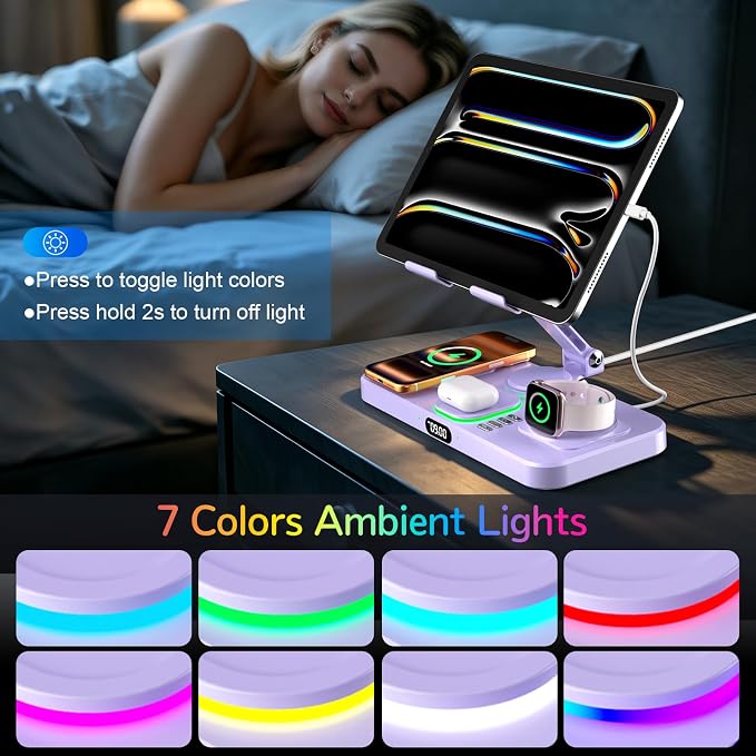 Magnetic Charging Station for Apple Multiple Devices, Wireless Charger with Clock & Light, Foldable Wired Charging Stand for iPad/Tab, Mag-Safe Charger for iPhone 17, for Apple Watch for AirPods