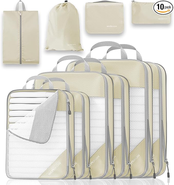 Compression Packing Cubes 10 Set, Compressible Space-Saving Packing Cubes for Travel - Compression Bags, Luggage Organizer, Travel Essentials for Women, Beige
