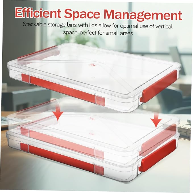 2pcs Clear Plastic File Storage Boxes with Lids and Handles Stackable Document Organizer Bins for Artwork Paper Magazines and Office Supplies Space-saving Desktop Containers