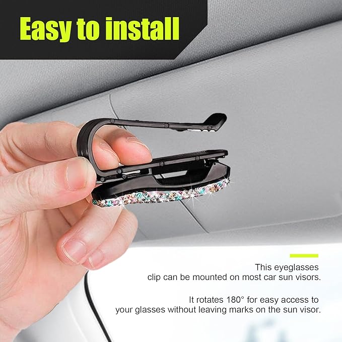 Dickno 2 PCS Bling Sunglasses Holder for Car Sun Visor, Crystal Rhinestones Eyeglasses Hanger Mount with Ticket Card Clip, Universal Vehicle Visor Decor Accessories for Women (AB)