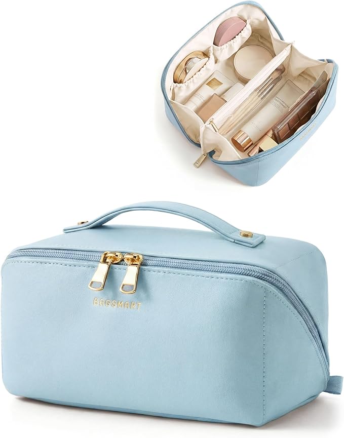 BAGSMART Makeup Bag Travel Cosmetic Bag, Large Make Up Bag Flat Open Toiletry Bag for Women, PU Leather Travel Essentials Organizer Case, Wide-open Pouch Purse for Skincare, Brushes, Sky Blue