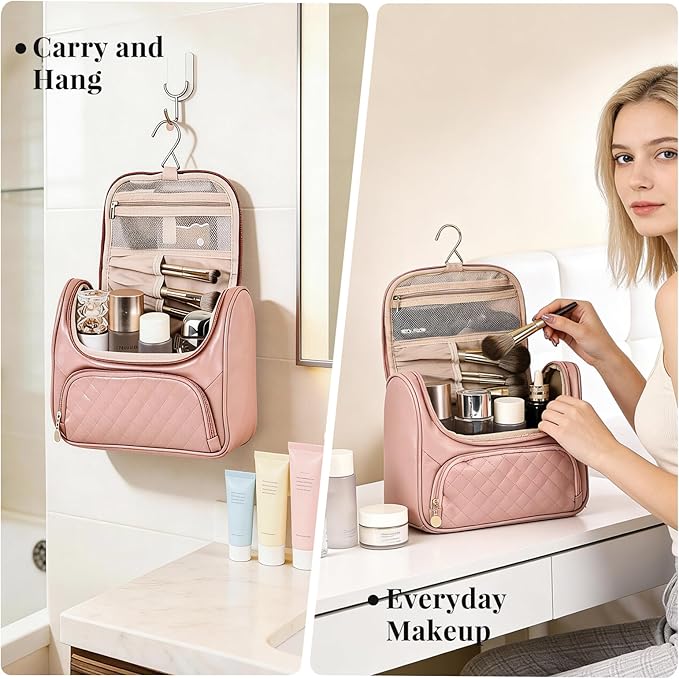 Greenfeather Cosmetic Bags for Women，Hanging Toiletry Bag with Makeup Brush Womens Travel Toiletry Bag for Women Essentials Travel Organizer for Full Sized Cosmetics and Toiletries Pink