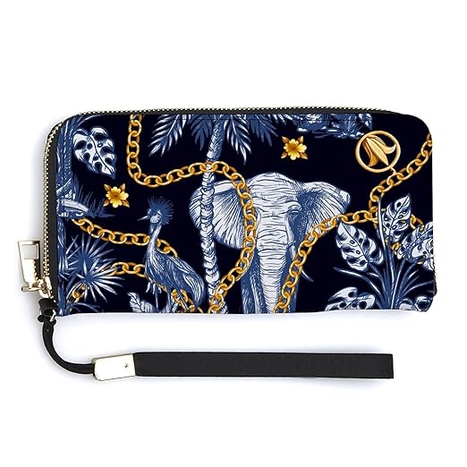 Unisex Zip Around Wallet for Adults Teens Tropical Treees And Jungle Animals Elephant Coin Pouch Cash Pocket PU Leather Wallets Card Holder Organizer Designer Purse with Wristlet Strap