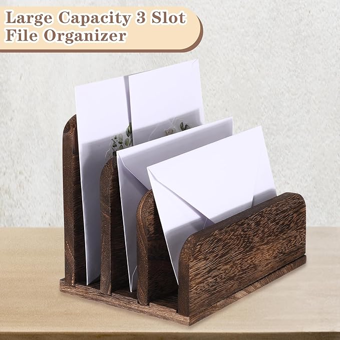 Briwooody Wooden Mail Organizer 3 Slots Mail Holder for Desk Wood File Paper Letter Holder for Letter Envelope Filing Cell Phone Document Storage, Organizer Tray for Office and Home(Dark Brown)
