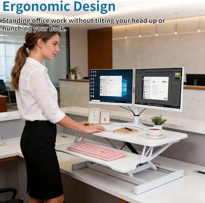Standing Desk Converter, Height Adjustable Sit to Stand Riser, Dual Monitor and Laptop Workstation with Wide Keyboard Tray, Desk Lifter for Home Office