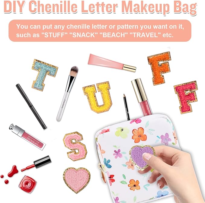 Nylon Mini Floral Makeup Bag for Purse, Small Cute Makeup Bag Preppy Flower Cosmetic Zipper Pouch, Waterproof Travel Set Coin Pouch Sanitary Napkin Storage Bag Makeup Organizer for Women(White-Flower)