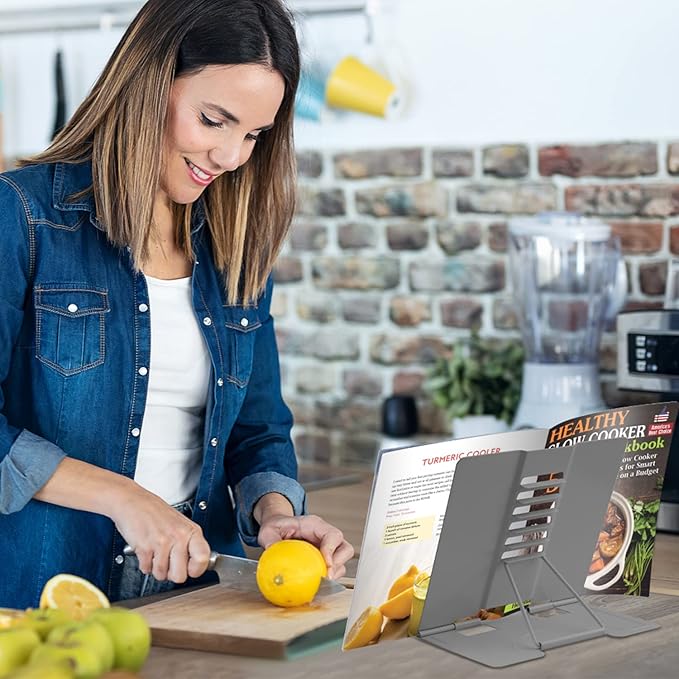 Honagu Metal Desk Book Holder, Hands Free Adjustable Cookbook & Document Holder, Portable Bookstand for Music Books, Textbooks, Recipes, Tablets & iPads (Grey)