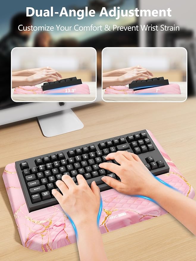 2-in-1 Ergonomic Keyboard Stand with Wrist Rest, Comfy Keyboard Riser Holder with Massage Design, Pink Marble