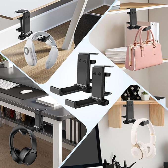 2PCS Headphone Stand Hanger Holder, Foldable Aluminum Desk Headphone, Universal Space Saving Headset Stand Multifunctional Under Desk Hanger for Home Office