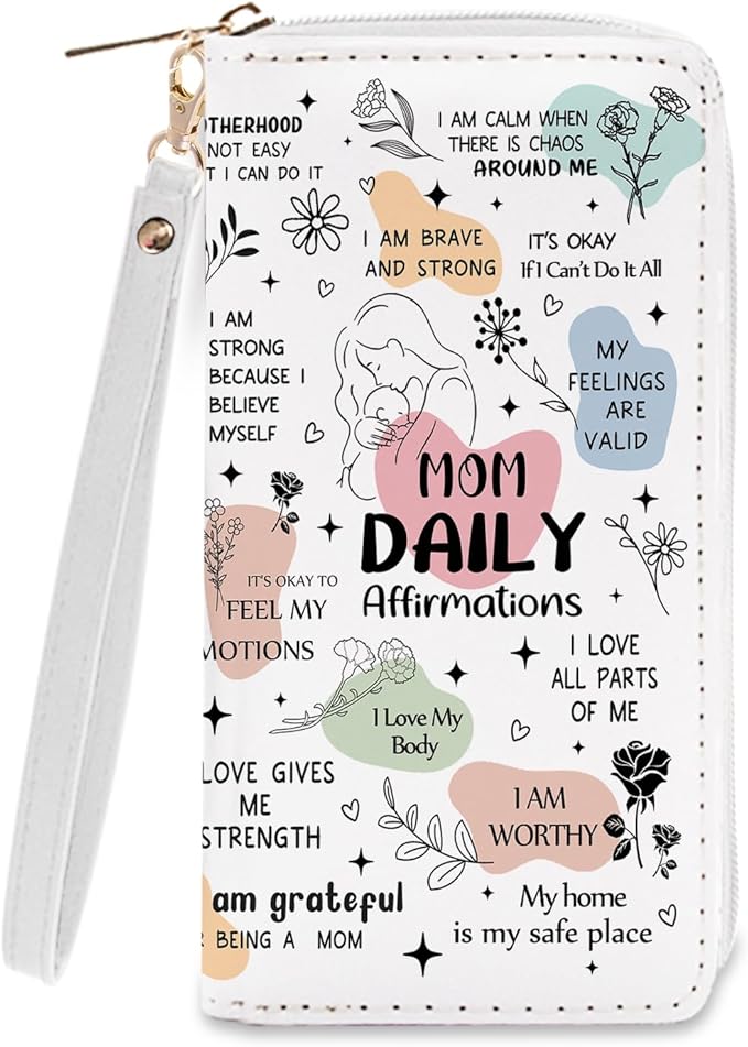 New Mom Affirmation Gifts Womens Wallet - Small Slim PU Leather Wallet for Women with Zipper Coin Purse, Credit Card Holder Wallets, Wristlet Wallets for Female New Mom Pregnant Mother