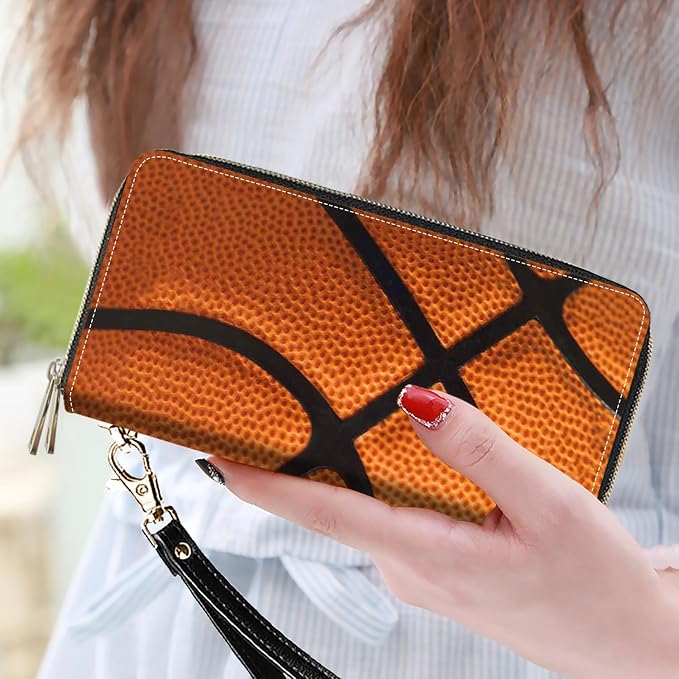 Women's Large Capacity Wallet PU Leather Double Zipper Clutch Purse Multifunctional Wallet with Removable Wristlet Strap for Smart Phone/Coin/Card/Cash, Basketball Surface