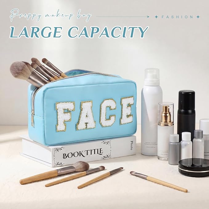 Cunno 4 Pcs Preppy Makeup Bags Chenille Letter Stuff Bag Nylon Cosmetic Pouch Cases with Zipper for Women Travel Toiletry