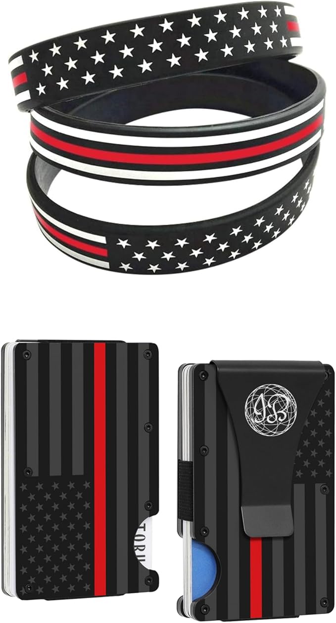 Black & Gray American Flag Engraved, Minimalist Wallet, RFID Blocking Aluminum Slim Wallet (Red Clip with 3 V.Band)