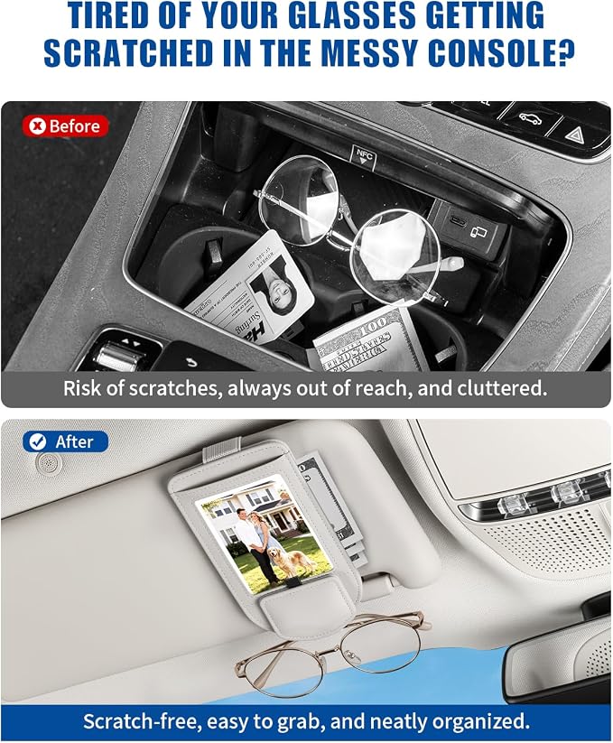 Car Visor Sunglasses Holder, 3 in 1 Glasses Clip with Photo Picture Display & Extra Storage Pocket, Anti-Slip Universal Sun Visor Organizer, 2026 Upgraded (2, Off-White)