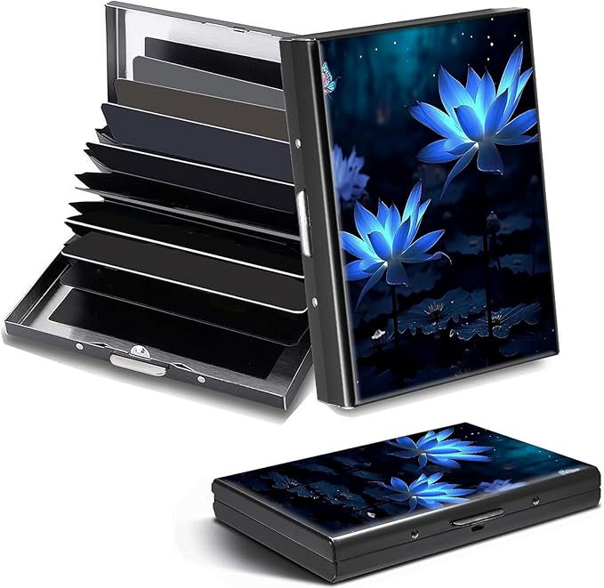 Credit Card Holder, Flower Lotus Design Mini RFID Blocking Aluminum Wallet Slim Metal Hard Case Shell Travel Wallet ID Case Small Credit Cards Case Business Cards for Women Men Girls