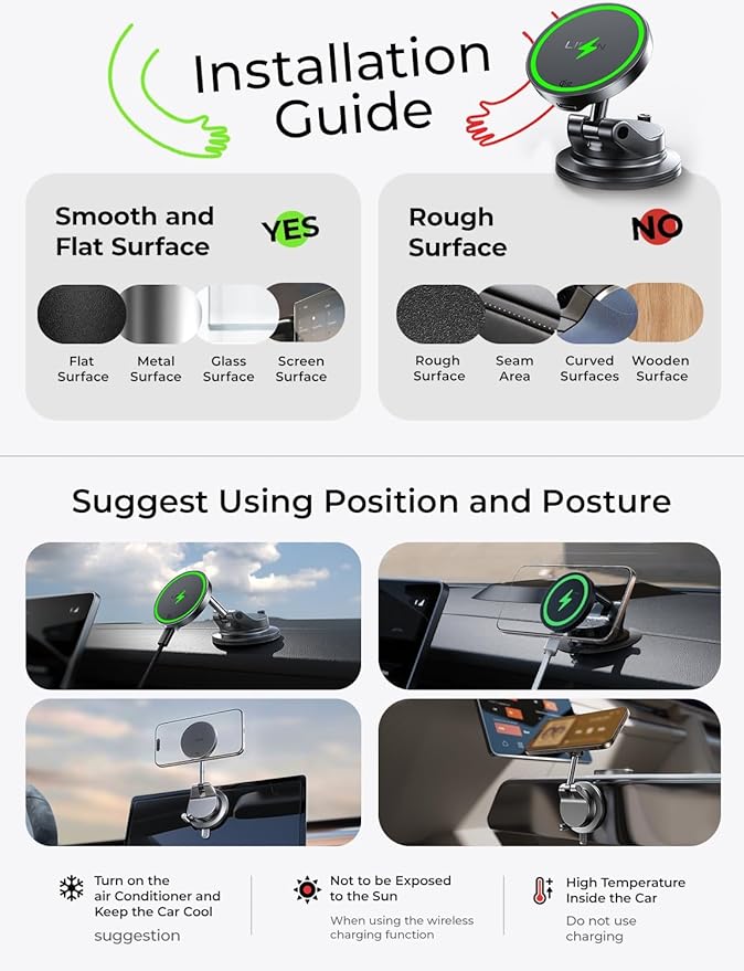 LISEN 15W Magsafe Car Mount Charger, Magnetic Wireless Car Charger, Suction Phone Mount, Vacuum Magnetic Phone Holder for Car Mount for iPhone 17 Pro Max 16 15 14 13 12, Samsung S26/S25, Pixel 10 Pro