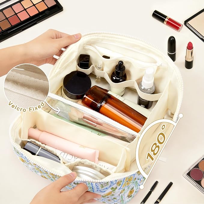 COSHAYSOO Large Lay Flat Quilted Travel Cosmetic Bags Organizer for Women Make Up Skin Care Brush Storage, 25th 30th 40th Birthday Gifts for Mom Sister Summer Beach Vacation Essentials Lemon Decor