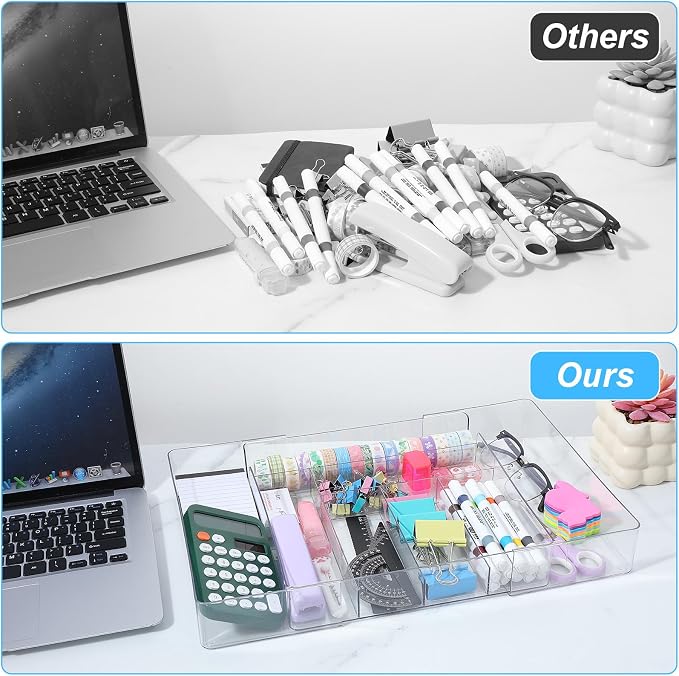 Expandable Acrylic Drawer Organizer, Clear Desk Drawer Organizers Tray with 8 Adjustable Compartments Multifunctional Desk Accessories for Vanity, Office, Kitchen, Bathroom