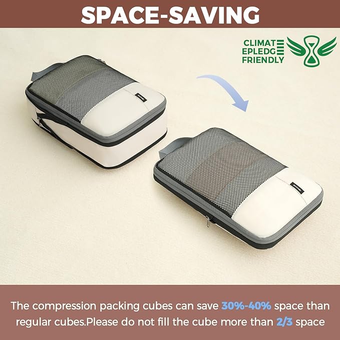 BAGAIL 4 Set/6 Set/8 Set Compression Packing Cubes Travel Accessories Expandable Packing Organizers (Half Mesh, 8-Beige)