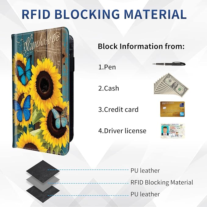 DEGDFSGR Checkbook Cover - Premium Leather Standard Duplicate Register Check Card Book Holder Wallet with RFID Blocking Function for Girl Men Women,Wooden Butterfly Sunflower