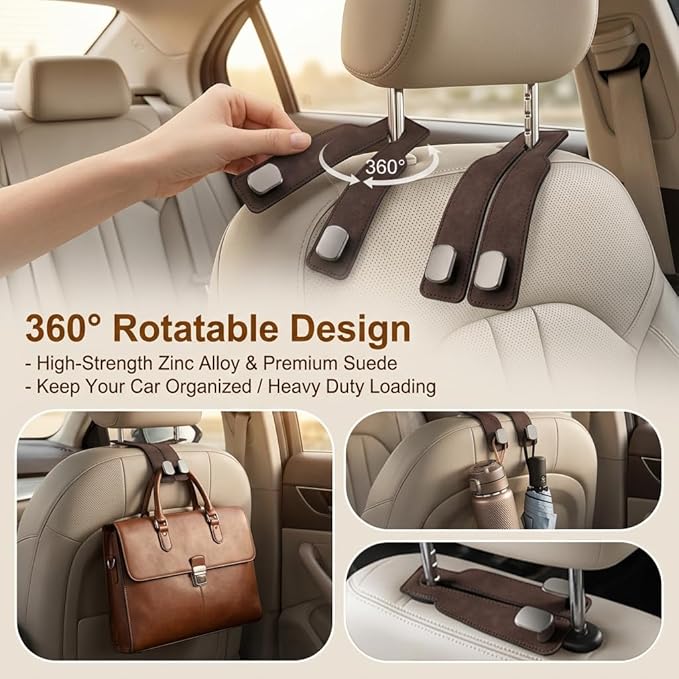 Zinc Alloy Car Headrest Hooks for Purses and Bags, 2 Pack Heavy Duty Dual Purse Holder for Car Seat Back, Metal Car Hooks Hanger Storage Organizer for Handbags, Coats, Umbrellas