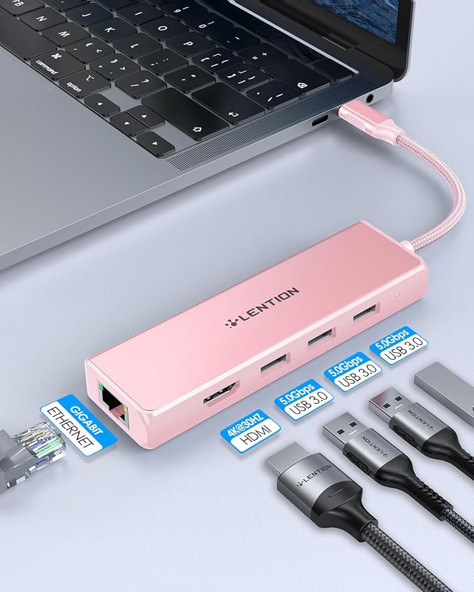 LENTION USB C Hub with Gigabit Ethernet Adapter, 4K HDMI, 3 USB 3.0 Port for MacBook Pro, New Mac Air, Surface, Chromebook, More, Stable Driver Certified (CB-C25, Rose Gold)