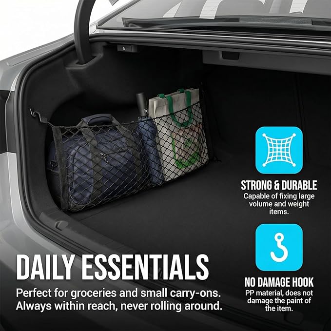 Car Cargo Net, 27.56" x 19.69" Elastic Stretchable Adjustable Vehicle Trunk Mesh Nets with Hook, Automotive Cargo Netting Storage Organizer, Universal for SUV Motorhome Lorry