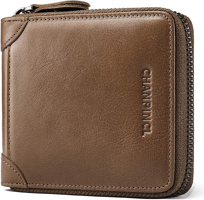 Mens Genuine Leather Zipper Wallet RFID Secure Large Capacity Double Fold Multi-card Leather Wallets for Men and coin purse