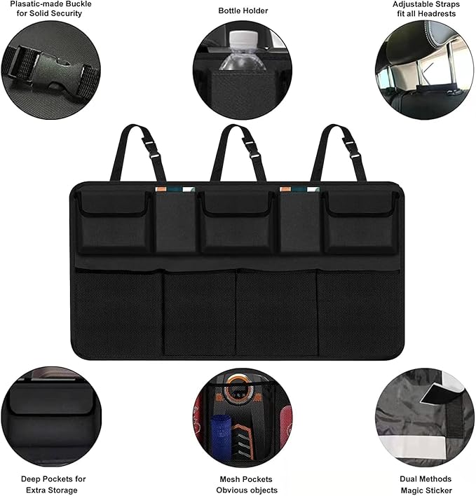 Car Backseat Hanging Trunk Organizer for SUV, Van, Truck with 9 Strage Pockets, Space Saving Organizer, Durable Strong Straps, Easy Wash (Rear Seat)