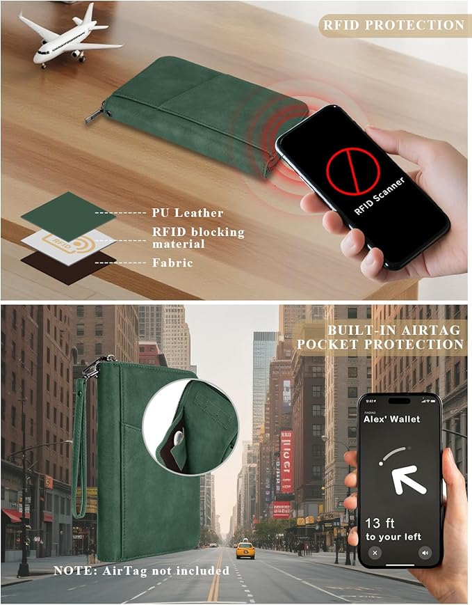 Family Passport Holder Wallet RFID Travel Document Organizer for Women Men, Portable Case Cover for Cards, Boarding Pass with Wrist & Neck Double Strap, Travel Christmas Gifts (Charcoal Green, 1pack)