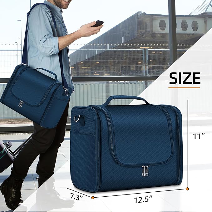 Buruis Extra Large Toiletry Bag for Women and Men, Hanging Travel Bag with Detachable Shoulder Strap for Full-Sized Toiletries, Water-Resistant Dopp Kit for Family Use and Long Trips, Blue