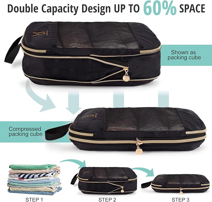 Compression Packing Cubes for Travel, Bunnychill Portable Zipper Packing Cube for Cloting, Expandable Space Saver Storage Luggage Organizer Bags for Suitcases