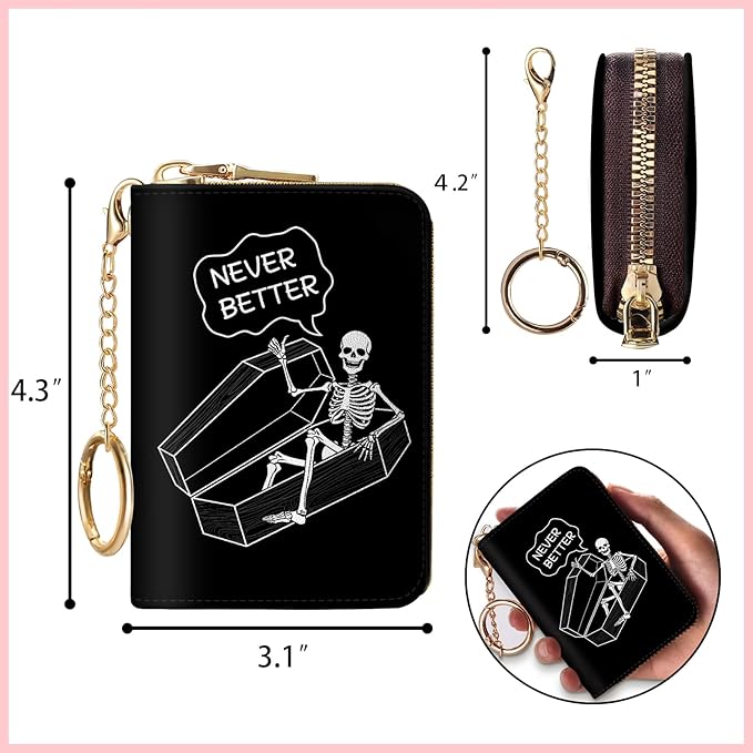 Blusabaca Skeleton Skull RFID Wallet, Credit Card Holder for Women, Funny Small Wallet with Card Slots Zipper, Leather RFID Card Keychain Wallet, Card Case RFID Blocking Accordion Gift
