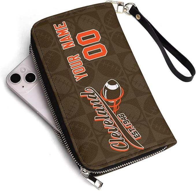 Custom Sports Team Zip Organizer Wallet-Personalized PU Leather Wallet with Name Number,Multi-Card Slots,Wrist Strap,Fan Gift for Men Women.