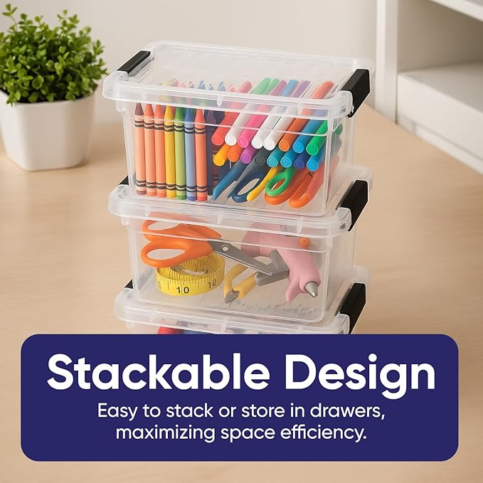 Superio Mini Storage Container Plastic Crayon Box Art Supplies and Sewing Case Stackable Clear Small Organizer for Beads, Stationery, Chalk, and Food, 1.05 Quart