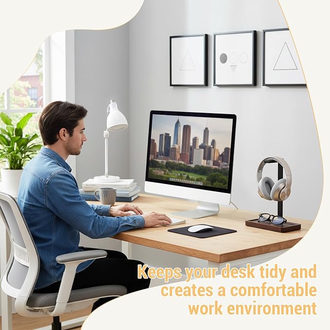 Walnut Wood Headset Holder, Desktop Headphone Stand, Universal Headphone Holder with Storage Base for Gaming, Music Headsets(Dark Brown)