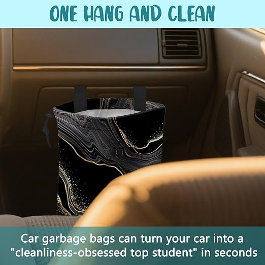 Car Garbage Bag Abstract Marble Golden Veins Drawstring Car Trash Bag Hanging for Back Seat with Adjustable Buckle Canvas Vehicle Trash Can Easy-to-Install