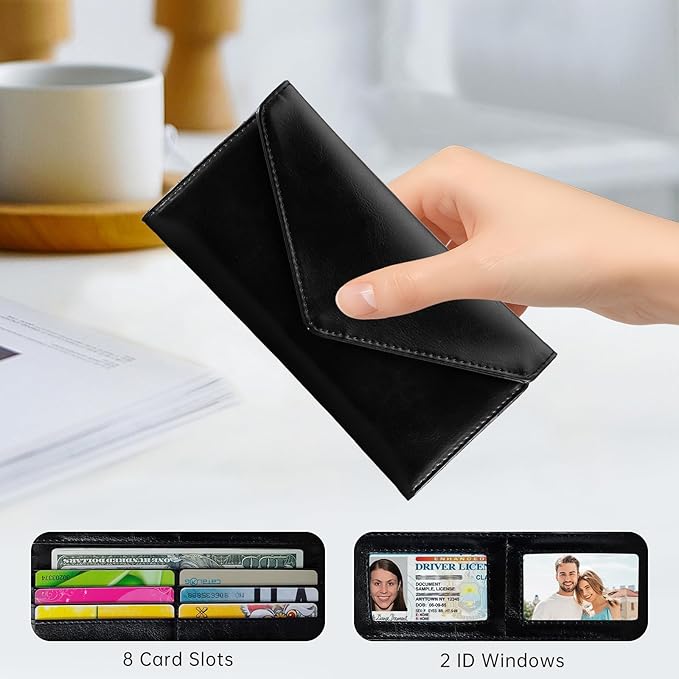 Card Wallet for Women RFID Blocking Envelope Style Ultra Slim Credit Card Case with Zip Coin Pocket, Black